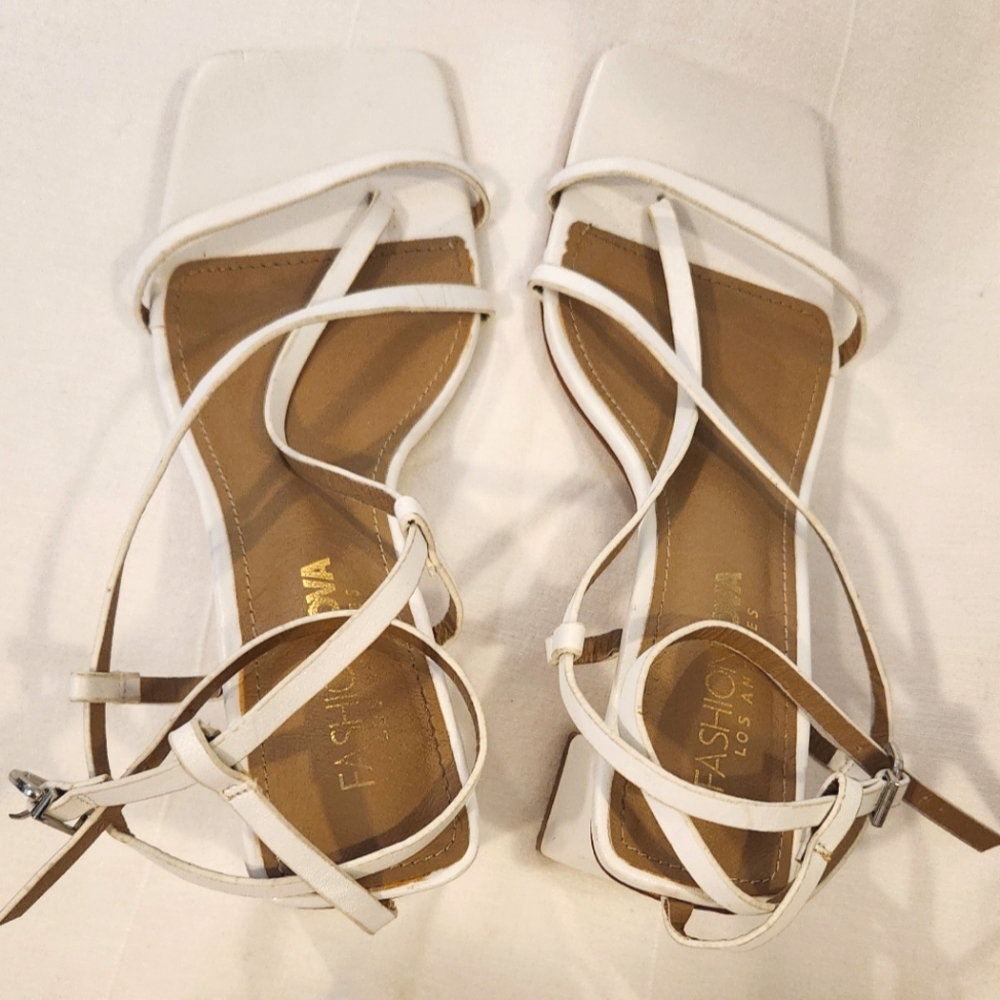 Fashion Nova White and Tan Strappy Sandals